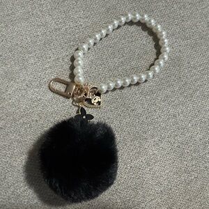 Pearl Beaded Wristlet Keychain with Black Pom Pom
